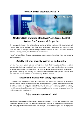 Nexlar’s Gate and door Meadows Place Access Control System For Commercial Proper