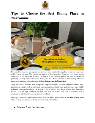 Tips to Choose the Best Dining Place in Narromine