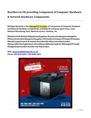 Resellers in UK providing Component of Computer Hardware & Network Hardware Components