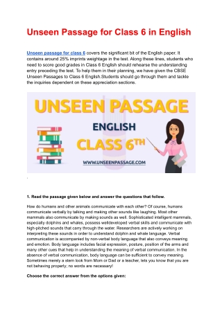 Unseen Passage for Class 6 in English