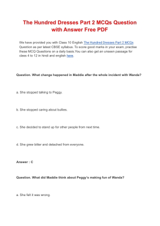 The Hundred Dresses Part 2 MCQs Question Free PDF