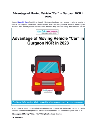 Advantage of Moving Vehicle Car in Gurgaon NCR in 2023