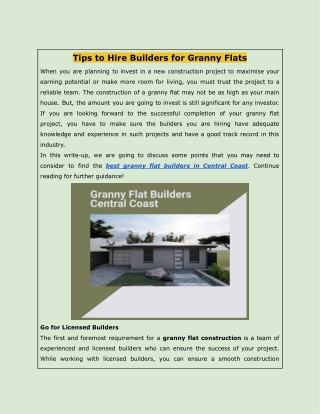 Tips to Hire Builders for Granny Flats