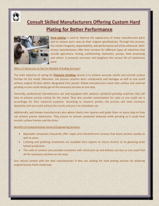 Consult Skilled Manufacturers Offering Custom Hard Plating for Better Performance