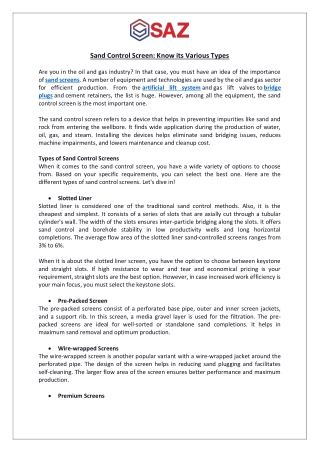 Sand Control Screen Know its Various Types
