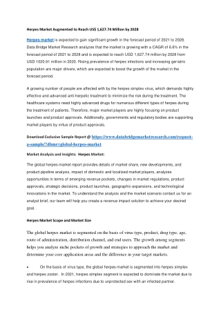 Herpes Market Augmented to Reach US 1,627.74 Million by 2028