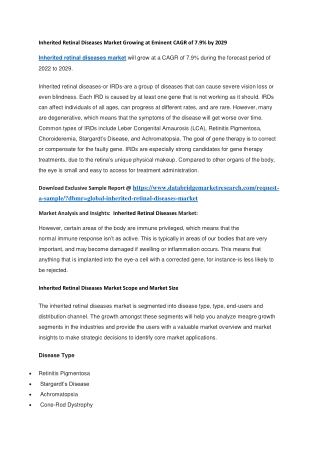 Inherited Retinal Diseases Market Growing at Eminent CAGR of 7.9 by 2029