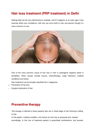 Hair loss treatment (PRP treatment) in Delhi