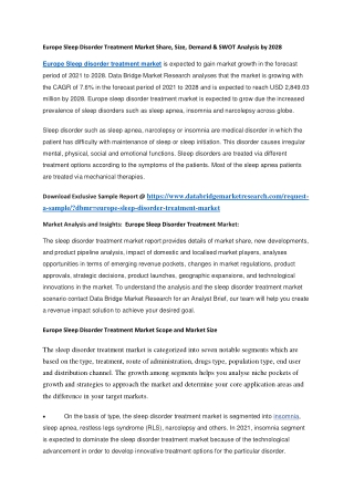 Europe Sleep Disorder Treatment Market Share, Size, Demand & SWOT Analysis by 2028