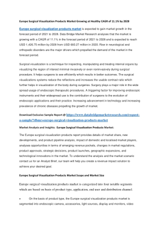 Europe Surgical Visualization Products Market Growing at Healthy CAGR of 11.1 by 2028