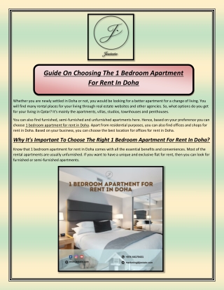 Guide On Choosing The 1 Bedroom Apartment For Rent In Doha