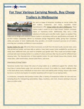 For Your Various Carrying Needs, Buy Cheap Trailers in Melbourne