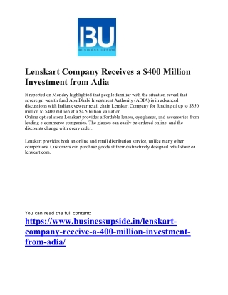 Lenskart Company Receives a $400 Million Investment from Adia