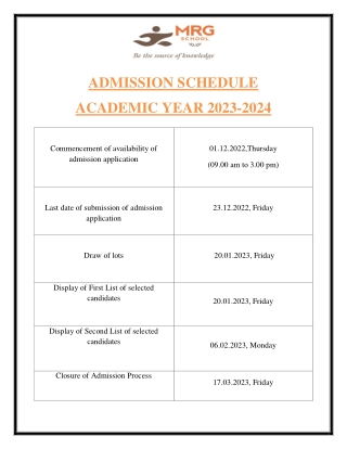 ADMISSION SCHEDULE 2023-24-Best cbse school in Rohini Delhi- MRG school Rohini