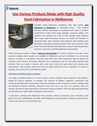 Use Various Products Made with High Quality Steel Fabrication in Melbourne