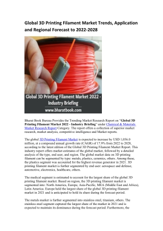 Global 3D Printing Filament Market Trends, Application and Regional Forecast to 2022-2028