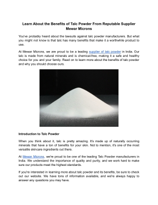 Learn About the Benefits of Talc Powder From Reputable Supplier Mewar Microns