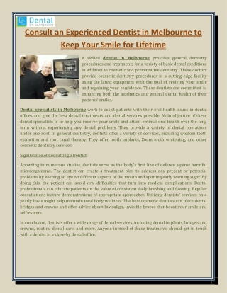 Consult an Experienced Dentist in Melbourne to Keep Your Smile for Lifetime