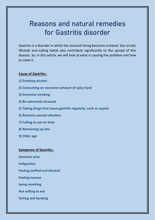 Reasons and natural remedies for Gastritis disorder