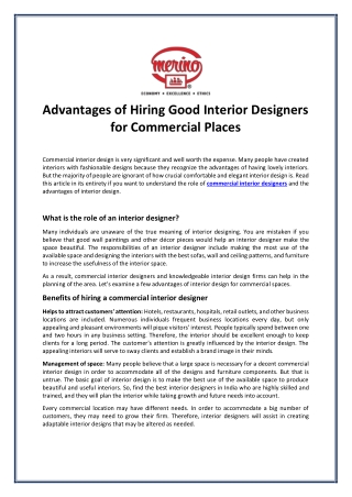 Advantages of Hiring Good Interior Designers for Commercial Places