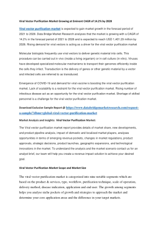 Viral Vector Purification Market Growing at Eminent CAGR of 14.2 by 2028