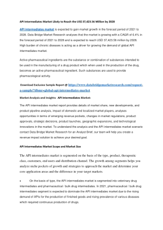 API Intermediates Market Likely to Reach the US 37,423.56 Million by 2028