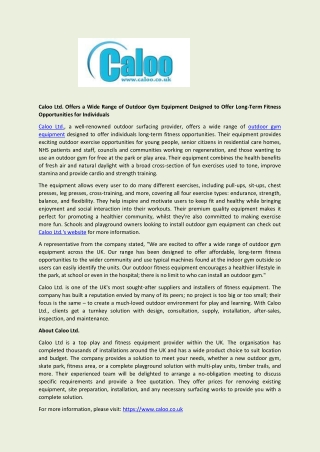 Caloo Ltd. Offers a Wide Range of Outdoor Gym Equipment Designed to Offer Long-Term Fitness Opportunities for Individual