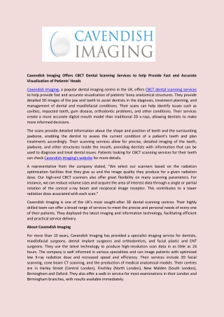 Cavendish Imaging Offers CBCT Dental Scanning Services to help Provide Fast and Accurate Visualisation of Patients' Head