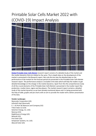 Printable Solar Cells Market 2022 with