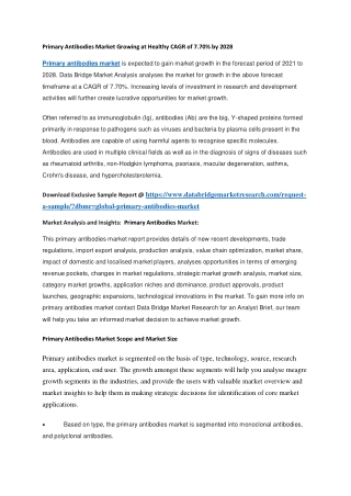 Primary Antibodies Market Growing at Healthy CAGR of 7.70 by 2028