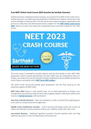 Free NEET Online Crash Course 2023 launches by Sarthak eConnect