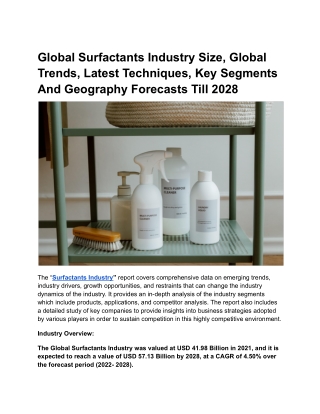 Global Surfactants Industry Size, Global Trends, Latest Techniques, Key Segments
