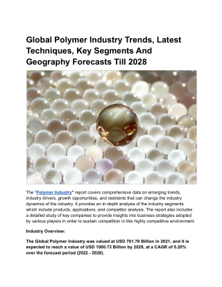 Global Polymer Industry Trends, Latest Techniques, Key Segments And Geography