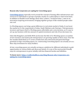 Reason why Corporates are opting for Coworking space