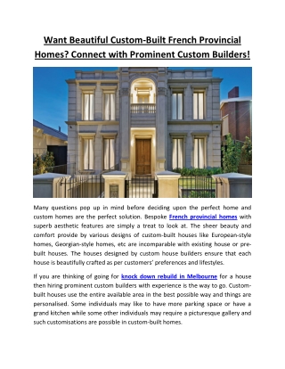 Want Beautiful Custom-Built French Provincial Homes Connect with Prominent Custom Builders!