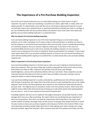 The Importance of a Pre-Purchase Building Inspection