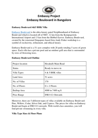 Why Should you Embassy Boulevard project in Bangalore | prices | floor plan |