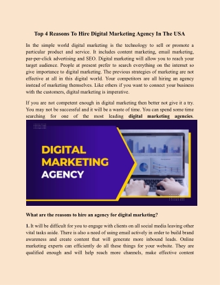 Top 4 Reasons To Hire Digital Marketing Agency In The USA