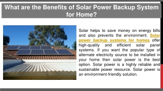What are the Benefits of Solar Power Backup System for Home