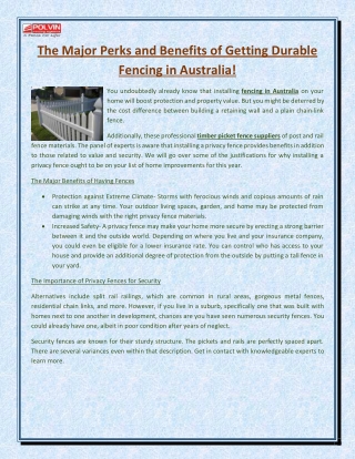 The Major Perks and Benefits of Getting Durable Fencing in Australia!