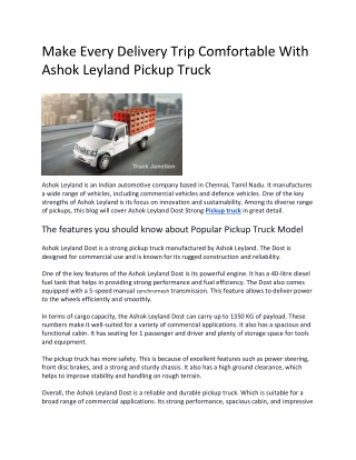 Make Every Delivery Trip Comfortable With Ashok Leyland Pickup Truck