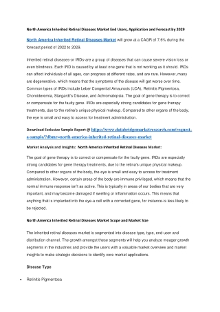 North America Inherited Retinal Diseases Market End Users, Application and Forecast by 2029
