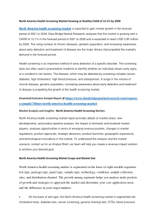 North America Health Screening Market Growing at Healthy CAGR of 12.1 by 2028