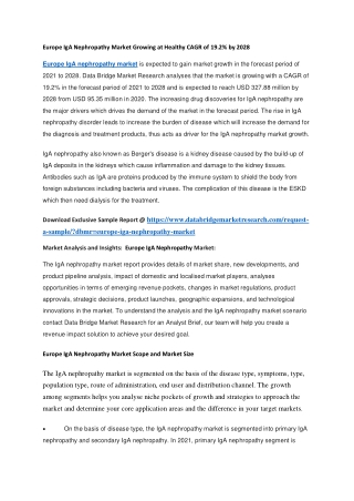 Europe IgA Nephropathy Market Growing at Healthy CAGR of 19.2 by 2028