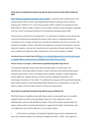 North America Lyophilized Injectable Drugs Market Likely to Reach the US 3,283.61 Million by 2028