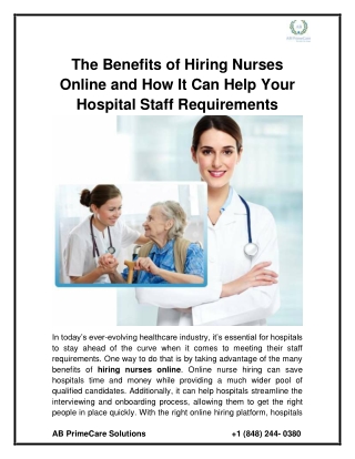 The Benefits of Hiring Nurses Online and How It Can Help Your Hospital Staff Requirements