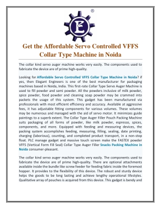 Get the Affordable Servo Controlled VFFS Collar Type Machine in Noida