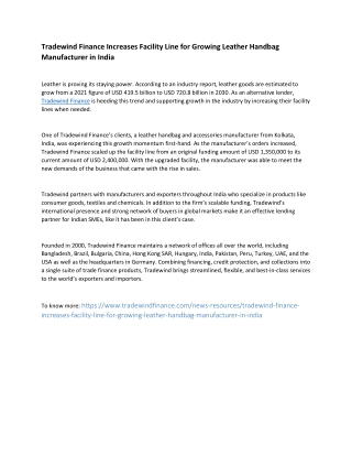Tradewind Finance Increases Facility Line for Growing Leather Handbag Manufacturer in India