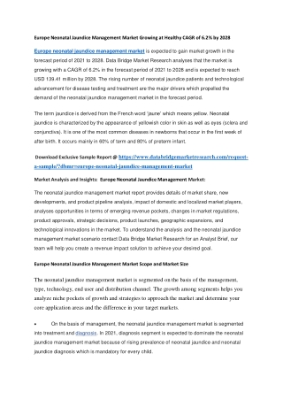 Europe Neonatal Jaundice Management Market Growing at Healthy CAGR of 6.2 by 2028