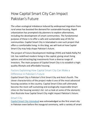 How Capital Smart City Can Impact Pakistan